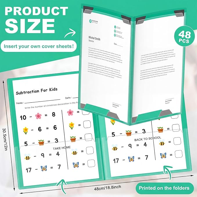 Henoyso 48 Pcs Take Home Folder Heavy Duty 2 Clear Front Pockets and 2 Inside Pockets Homework Folders for School Students Parent Teacher Classroom Communication (Green)