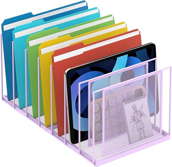 Desk File Organizer, 7 Section Vertical Metal File Organizer for Desk, Desktop File Organizer Stand, Paper Folder Organizer for Office Home Classroom Storage (Purple, 7 Section)