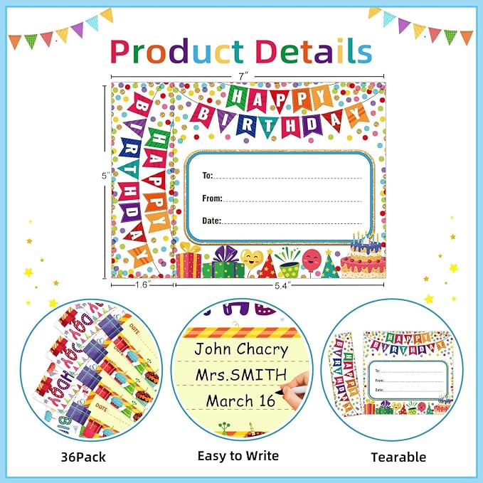 FaCraft Birthday Bookmarks for Students - 36PCS Confetti Cupcakes Birthday Certificates for Kids Classroom Bookmark Awards Gifts from Teacher Kindergarten Preschool Back to School Teacher Supplies