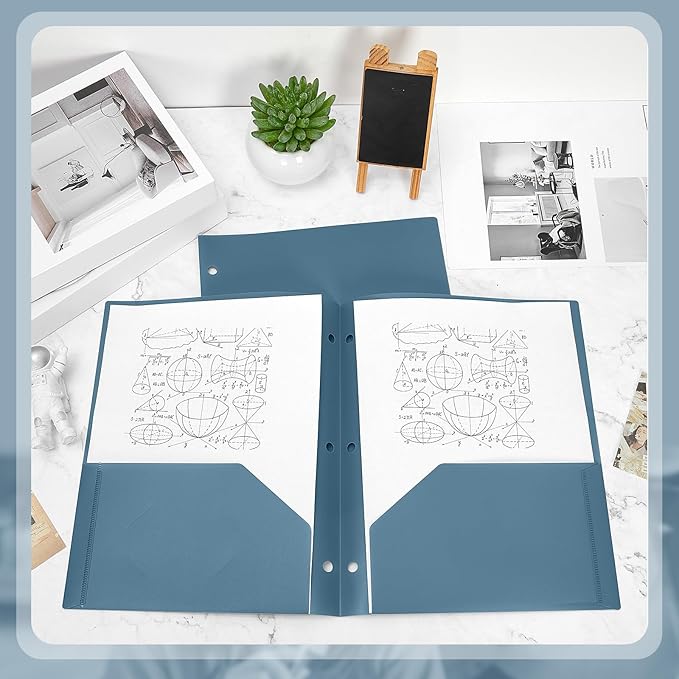 Yeaqee 100 Pcs Plastic Folders with Pockets Bulk 3 Hole Punched 2 Pocket File Folders for 3 Ring Binder Divider Folder for Notebooks, Durable Poly for Office Home (Blue Gray)