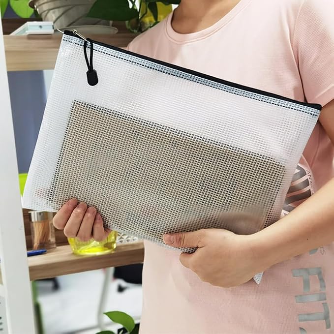 24pcs Mesh Zipper Pouch Bags with Label, Multipurpose Waterproof Organization Storage Bag for Office School Home Travel (13.4''x9.4'', Black Zipper)