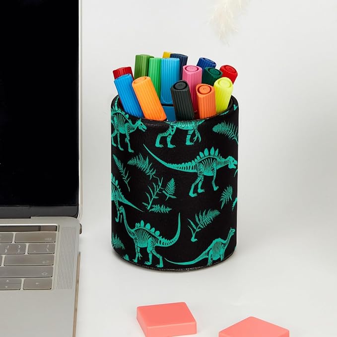 Leather Pen Holder for Desk, Green Dinosaur Makeup Brushes Holder Pencil Cup Multifunctional Desktop Organizer Caddy for Home School Office Desk Accessories