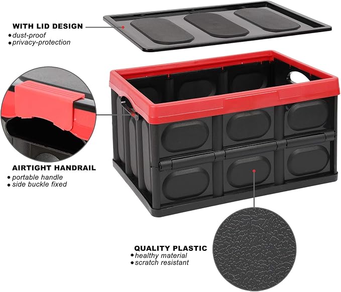 Phyllia 28L-Black Plastic Storage Crates, Pack of 2 Collapsible Plastic Crates Bins Basket, Stackable Storage Boxes Container with Lid for Car Home Office Kitchen Clothes Shoes