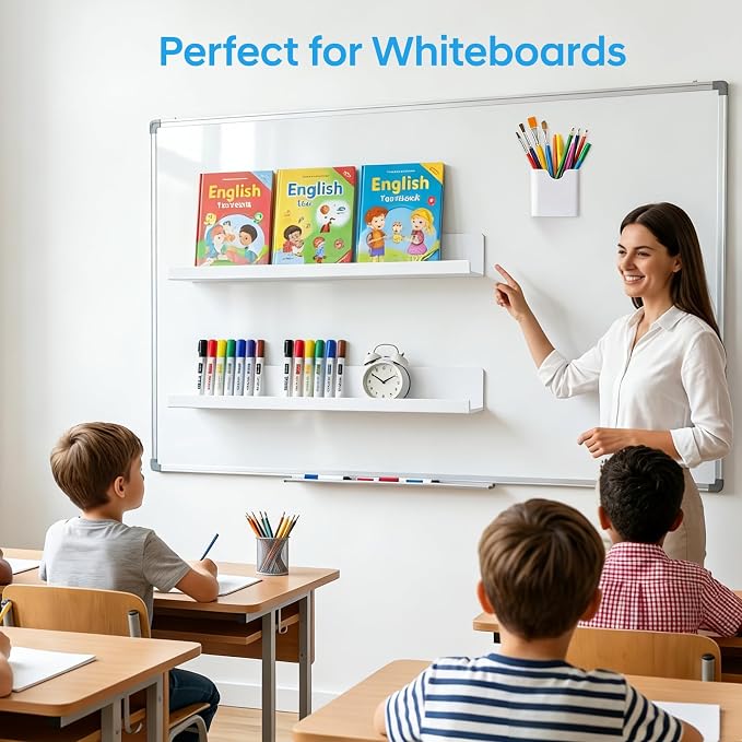 2 Pack 17" Metal Magnetic Bookshelf for Whiteboard, Strong Reusable Magnetic Display Shelf, Holds up to 12 lbs, Storage Organizer for Classroom, Kids Room, Office, Kitchen & Garage