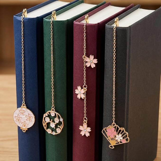 Metal Bookmarks for Women, Cute Japanese Cherry Blossom Bookmark Set of 4 with Chain, Pretty Floral Book Marks, Fancy Reading Accessories and Bookish Gifts for Book Lovers