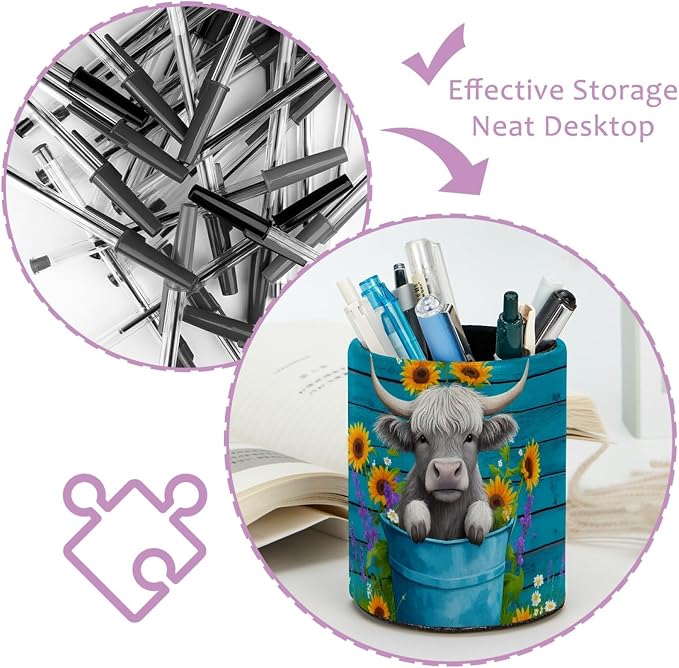 Highland Cow Rustic Teal Wood Pen Holder Pencil Organizer Cute Pencil Cup Desk Decor Makeup Brush Holder PU Multifunctional Office Supplies for Home Classroom School