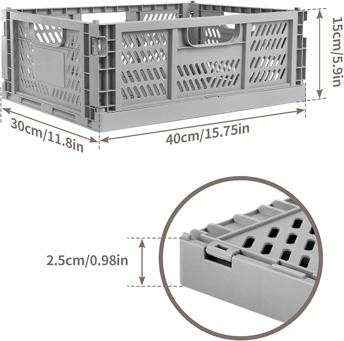 Domiella 4-Pack Crates for Storage, 16x12x6 Storage Crates Plastic Stackable, Folding Crate for Office Home Kitchen Bedroom Bathroom, Gray