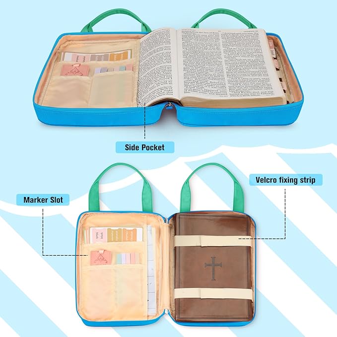 FINPAC Bible Cover Case Tote Bag Water-Resistant Bible Carrying Case Christian Gifts for Church Study Supplies, Blue