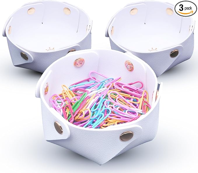 URSUN 3 Pack Cute PU Leather Paper Clip Holder for Desk, Aesthetic Valet Tray for Binder Clips, Hair Accessories, Decorative Small Desk Organizer for Home Office School (White)