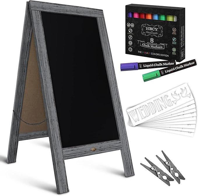A Frame Chalkboard with Chalk Markers by HBCY Creations: 40x20 Solid Wood A-Frame Sign Gray Double-Sided Magentic Menu Board, Deluxe Set Includes 8 Chalk Markers, 10 Stencils, 2 Magnets