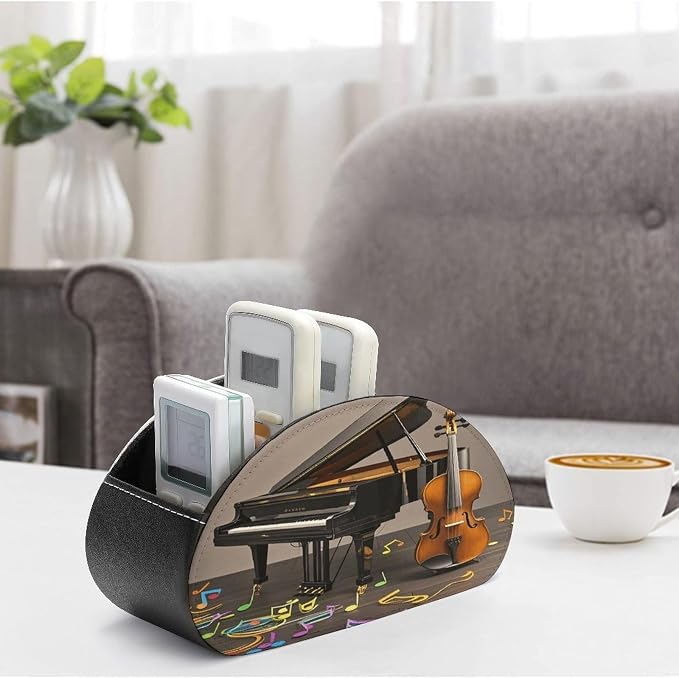 Leather Remote Control Holder with 5 Compartments Piano Violin Music Notes Remote Caddy Desktop Organizer Store TV Remote Holder Remote Organizer for Bedside Table Office Desk