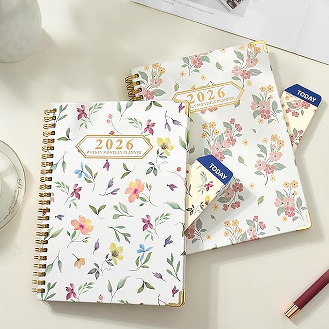 2026 Monthly Planner, Jan.2026 - Dec.2026 Weekly Monthly Planner 6.25"x8.5" with Page Tabs, Calendar Hardcover with Inner Pocket, Elastic Band, Twin-Wire Binding, Bookmark, Colored Flower