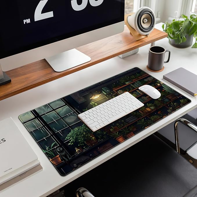 Lofi Cat Desk Mat Dark Green Plant Books Desk Pad Black Cat Aesthetic Anime Big Mouse Pad Large Gaming Mousepad XL Cool Keyboard Pad Deskmat Laptop Computer Mouse Mat 31.5X 15.7in