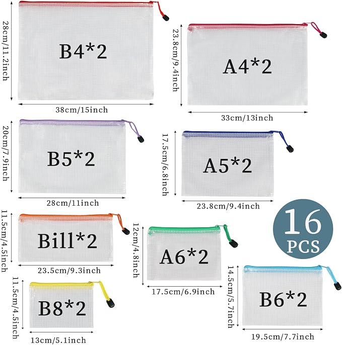 MultiBey 16 Pack Mesh Zipper Bags in 8 Sizes, Clear Waterproof Organizer Pouches with Colored Pulls for Puzzles, Diamond Painting, Travel & Office and School Supplies