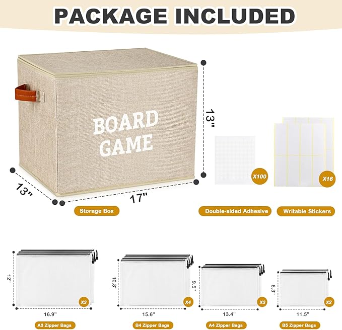 Board Game Storage Kit Include Storage Basket and 10pcs Zipper Bags, Board Game Organizer with Writable Stickers and Dispensing, Suitable for Puzzle, Document (1 Pack-Beige-Large)