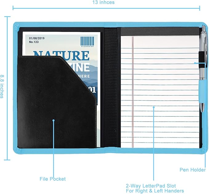 Padfolio/Portfolio Binder, Mini Padfolio Portfolio Binder 5 x 8 Legal Writing Pad, A5 Document Organizer Folder for Men Women, Light Blue.