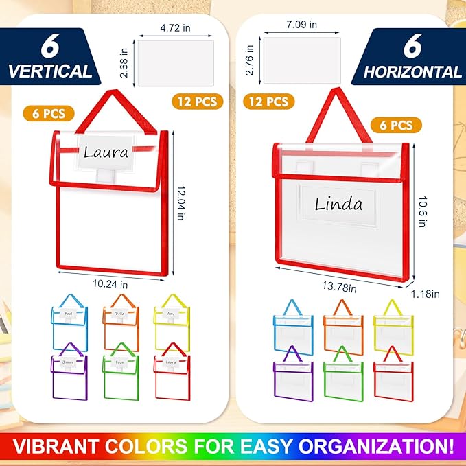 Teling 12 Pack Thick Clear Book Pouches with Blank Name Tags and Handles Book Baggies Bags Bins Organizer for School Classroom Library Pockets Students (14 x 11 & 10 x 12 Inch,Bright Color)