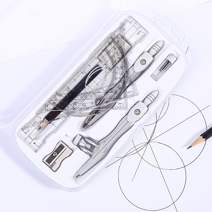 Vobou Math Geometry Kit Sets 10 Piece Student Supplies with Shatterproof Storage Box,Includes Rulers,Protractor,Compass,Eraser,Pencil Sharpener,Lead Refills,Pencil,for Drafting（White）