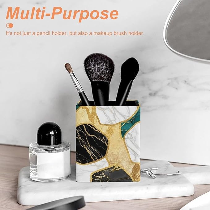 Pen Holder Stand For Desk, Pencil Pen Holder Cup, Desktop Stationery Organizer, Waterproof Multifunctional Office Supplies Abstract Watercolor Painting Gold Blue Turquoise Black White Gray Marble