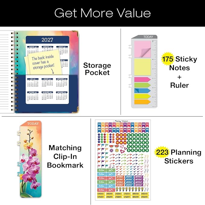 HARDCOVER Academic Year 2026-2027 Planner: 14 Months (May 2026 Through June 2027) 8.5"x 11" Daily Weekly Monthly Planner Yearly Agenda. Bookmark, Pocket Folder and Sticky Note Set (Orchid)