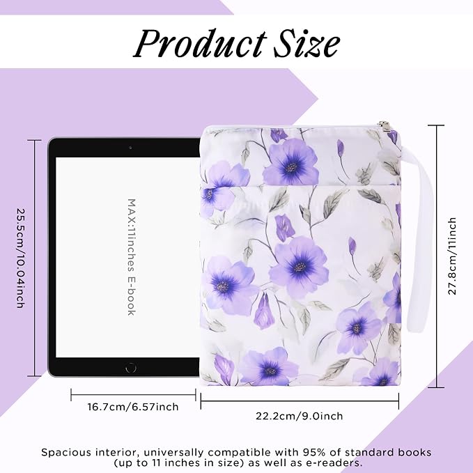 Book Sleeve with Zipper, 11''x 9'' Waterproof Paperback Sleeve for Book Lovers Books Pouch Cover with Handle for Hardcovers Kindle Sleeve for Reader Teacher Women (Purple flower, 11x 9 inch)