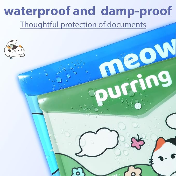 Cute Cat File Folders, 10 PCS Plastic Folders for Document, A4 Size Plastic Envelopes with Snap Closure, File Folders Document Folders File Bags Name Tags Sticker Cat Bookmark for School Office