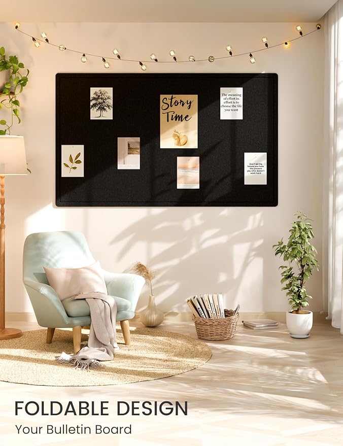 Fluxnara Bulletin Board,Cork Board Alternative with Safe Removable Adhesive Tabs, Foldable Felt Pin Board for Home Office, Classroom, Bedroom,Entryway for Walls (Black, 59 x 35.4 inches)