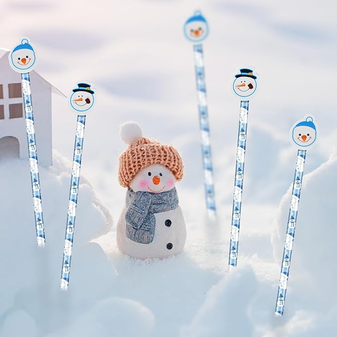 32 Pcs Snowman Pencils with Erasers, 16 Winter Snowman Pencils Bulk 16 Erasers Christmas Stationery Supplies for Xmas Classrooms Exchange Reward Prizes Home Office School Supplies