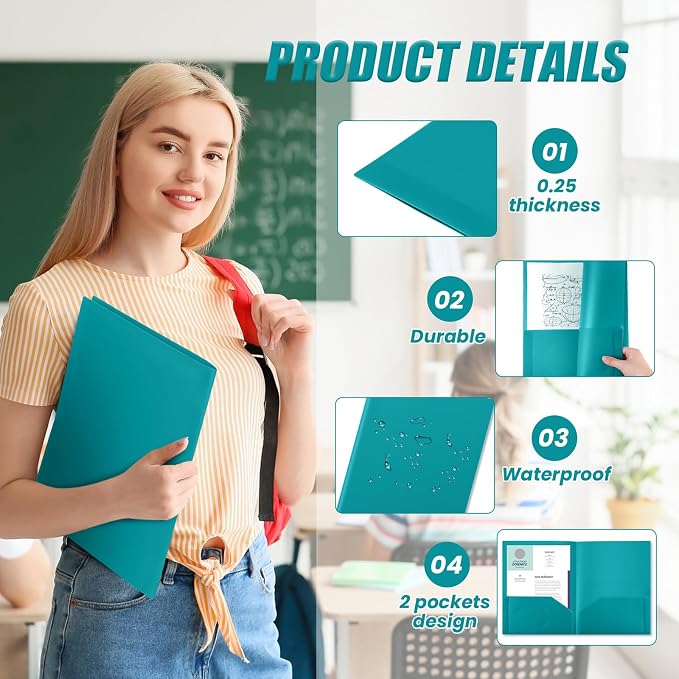 Gueevin 100 Pack Plastic Folder with Pockets, 2 Pocket Folders, Plastic Glossy Folders Fit Letter Size Paper, Heavy Duty Durable File Folder with Business Card for Home Office School (Turquoise Green)
