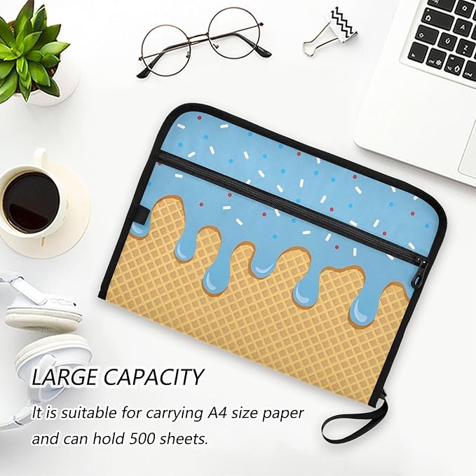 Expanding File Folder Blue Ice Cream Drip Accordion File Organizer 13 Pockets Document Organizer with Zipper Labels A4 Letter Office Storage