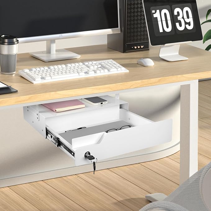 Under Desk Drawer Storage with Lock, Metal Undermount Table Drawer, Ball Bearing Slides Out Tray Organizer for Paper, Pencil, and Laptop 17.3"x11.8"x5.4", White with Adjustable Brackets