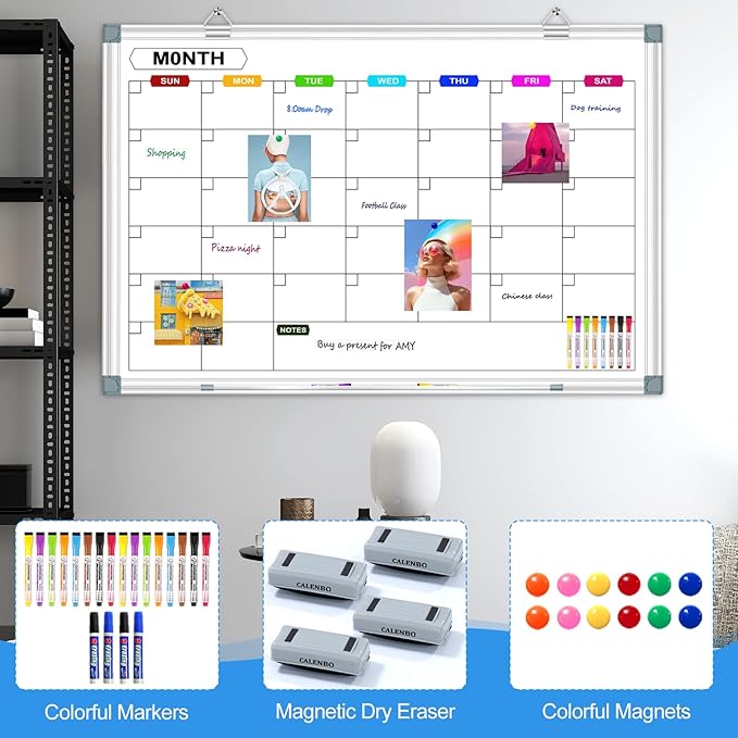 2 Pack Calendar Whiteboard for Wall 36" x 24", Magnetic Dry Erase Board Calendar for Wall, Monthly Wall Mounted White Board with Eraser & Marker & Magnet