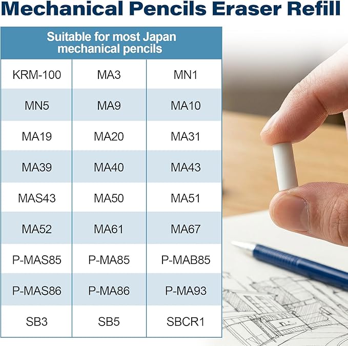 50pcs Mechanical Pencil Eraser Refills, Eraser Pen Refills Replacement for Propelling Pencils, Universal Traceless Correction Supplies for Writing- White