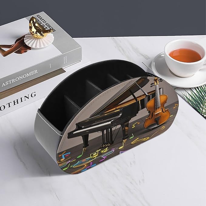Leather Remote Control Holder with 5 Compartments Piano Violin Music Notes Remote Caddy Desktop Organizer Store TV Remote Holder Remote Organizer for Bedside Table Office Desk