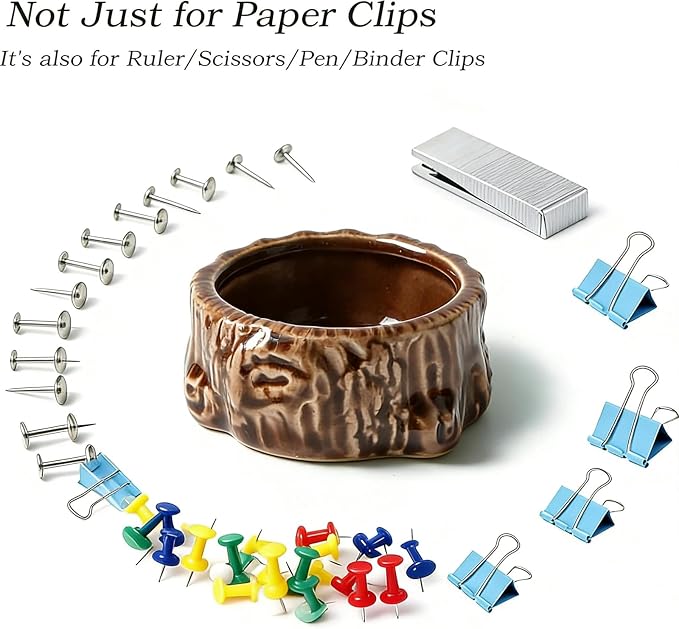 Ceramic Paper Clip Holder, 2 Pcs Tree Shaped Binder Clip Box Cute Office Decor Supplies for Desk Organizer (Brown + Green)