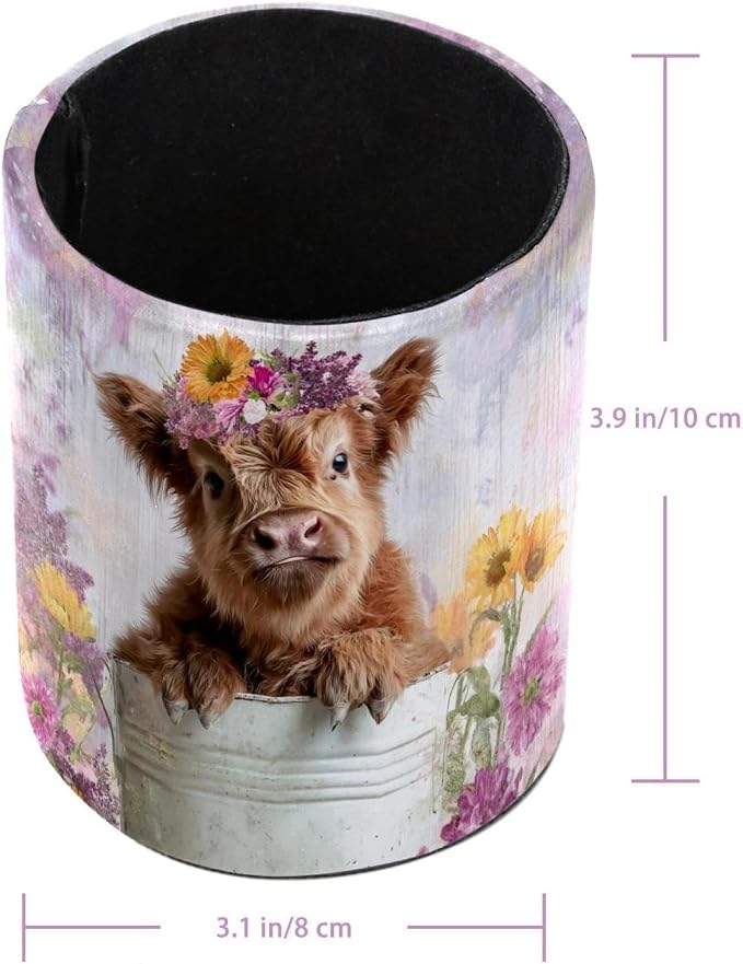 Leather Pen Holder for Desk, Highland Cow Purple Flower Pencil Cup Pen Organizer Makeup Brush Holder for Office Home Kids Countertop Desk Accessory Storage