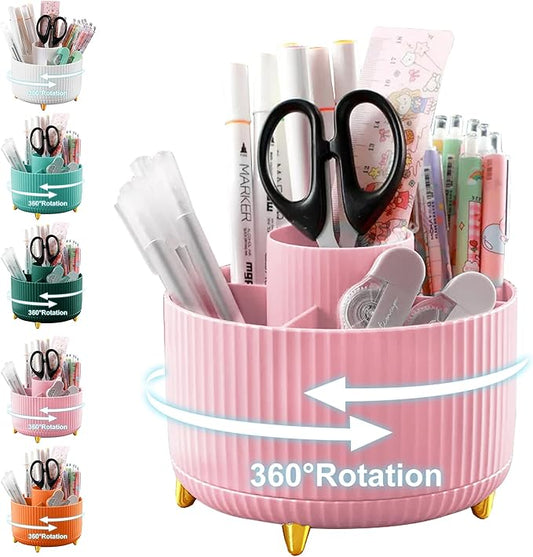 Cayxenful Pencil Holder For Desk,5 Slots 360°Degree Rotating Desk Organizers And Accessories,Desktop Storage Stationery Supplies Organizer, Cute Pencil Cup Pot For Office, School, Home (D-Pink)