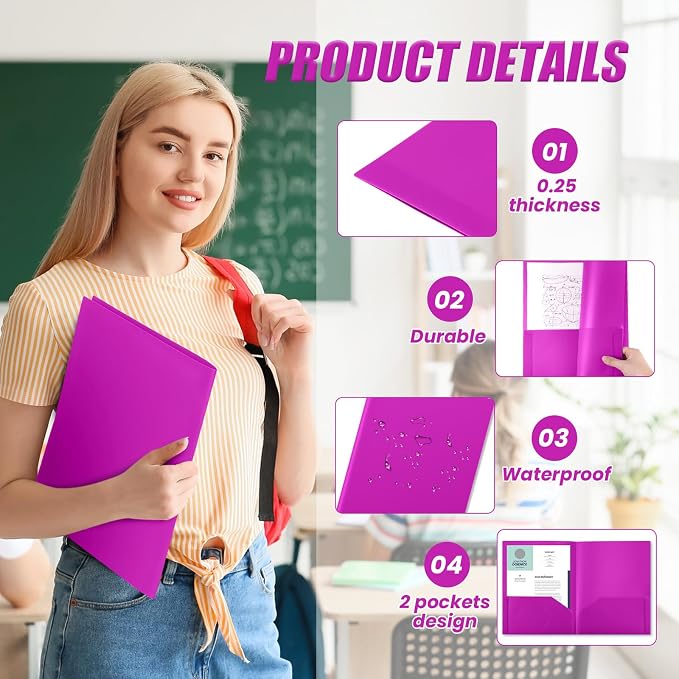 Gueevin 100 Pack Plastic Folder with Pockets, 2 Pocket Folders, Plastic Glossy Folders Fit Letter Size Paper, Heavy Duty Durable File Folder with Business Card for Home Office School (Neon Purple)