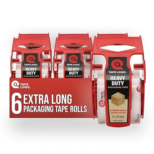Tape Logic Heavy Duty Packing Tape with Dispenser (6 Pack) – 2.6 Mil Thick Clear Shipping Tape, 2 in x 25 yd – Strong Industrial Adhesive for Moving Boxes, Mailing, & Shipping Packaging