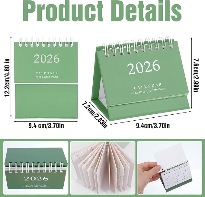 Tyqour Small Desk Calendar 2026 Mini Desk Calendar Cute Standing Flip Desktop Calendar 2026 Metal Ring Binding, Compact Size for Home Office School (Green)