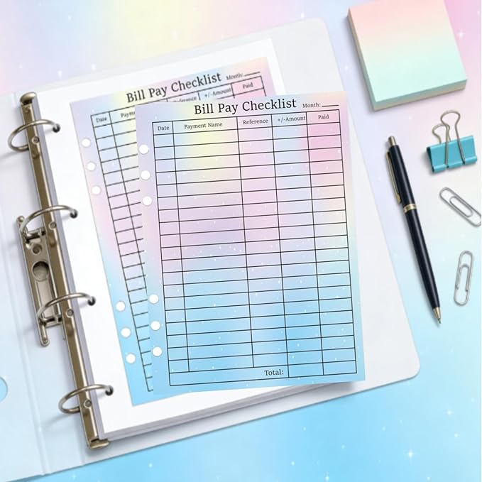 50 Pack Payment Checklist Refills 6-Hole Punched Loose Leaf Budget Planner Refill - Colorful Monthly Budget Forms Budget Planner Note Card for A5 Binder Saving Organizer Budgeting (Colorful)