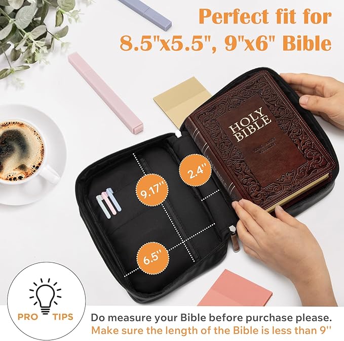 Small Bible Cover Case for Women and Men, 9x6 PU Leather Bible Sleeve, Compact Travel Bible Carrier Bag with Front Pen Holders, Zipper Closure, Inner Pockets - Black