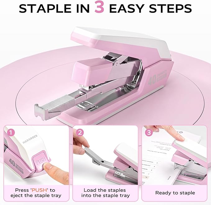 Effortless Stapler for Desk with 40-50 Sheet Capacity, 2000 Staples, 1-Touch Stapling, Ergonomic & Easy to Load Desktop Staplers, Heavy Duty Stapler, and Magnetic Staple Remover, Pink