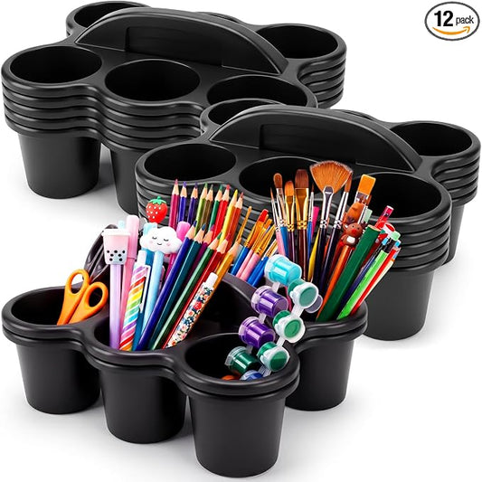 12 Pack Classroom Caddy Organizer with Handle Plastic Cup Caddy 6 Compartment Organizer School Storage Supplies for Table Crayon Pencil Cup Marker Craft School Home Office(Black)