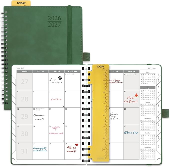 POPRUN 2026-2027 Monthly Planner, 6.5" x 8.5", 18 Month Calendar (July 2026 to December 2027) with Expense Tracker, Notes Pages, Sprial Bound, Leather Softcover - Green