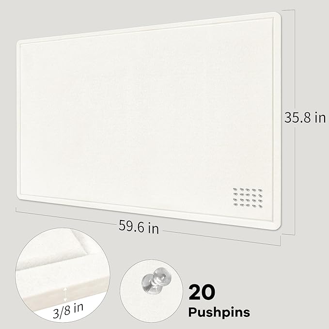 Lightomorrow Large Bulletin Board - 60 x 36 Inches, Decorative Felt Pin Board for Wall - 5' x 3' Foldable Photo Display Board with Self-Adhesive Tape, Includes 20 Push Pins - White