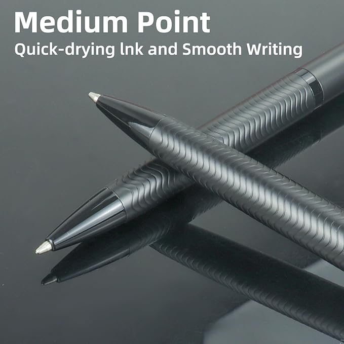 YUNCHUN 5PCS Medium Point Ballpoint Pens, Fancy Cool Metal Pens with 5 Extra Refills, Black Wave Stripe Ball Pens for Smooth Writing, Office Executive Business Professional Pen for Men & Women
