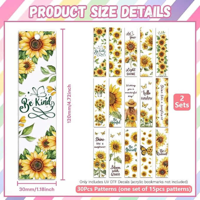 Peacoblue 30pcs UV DTF Bookmarks Transfer Stickers Wraps Sunflower Series for Women Men Reading, Waterproof Bookmarkers Decal(No Blank Bookmarks) for Acrylic Plastic Metal Blank Bookmark
