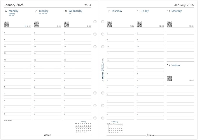 Filofax Calendar Diary Refill, A5 Size, Week-to-View with Appointments, White Paper, English, 2025 (C68521-25)