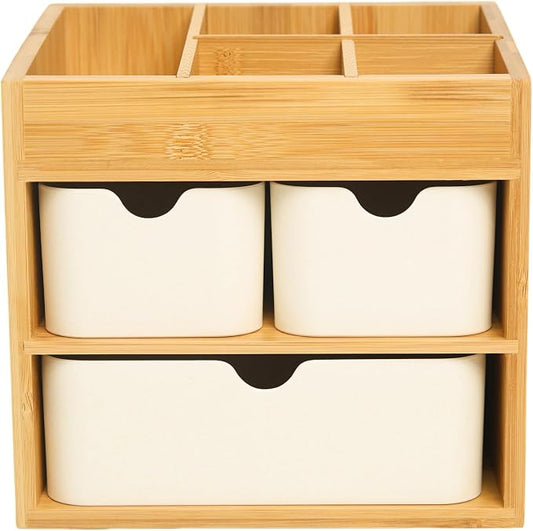 Bamboo Office Desk Organizer with 3 Drawers Wood Makeup Organizer Dresser Cosmetic Box Organizer for Home with Adjustable Dividers